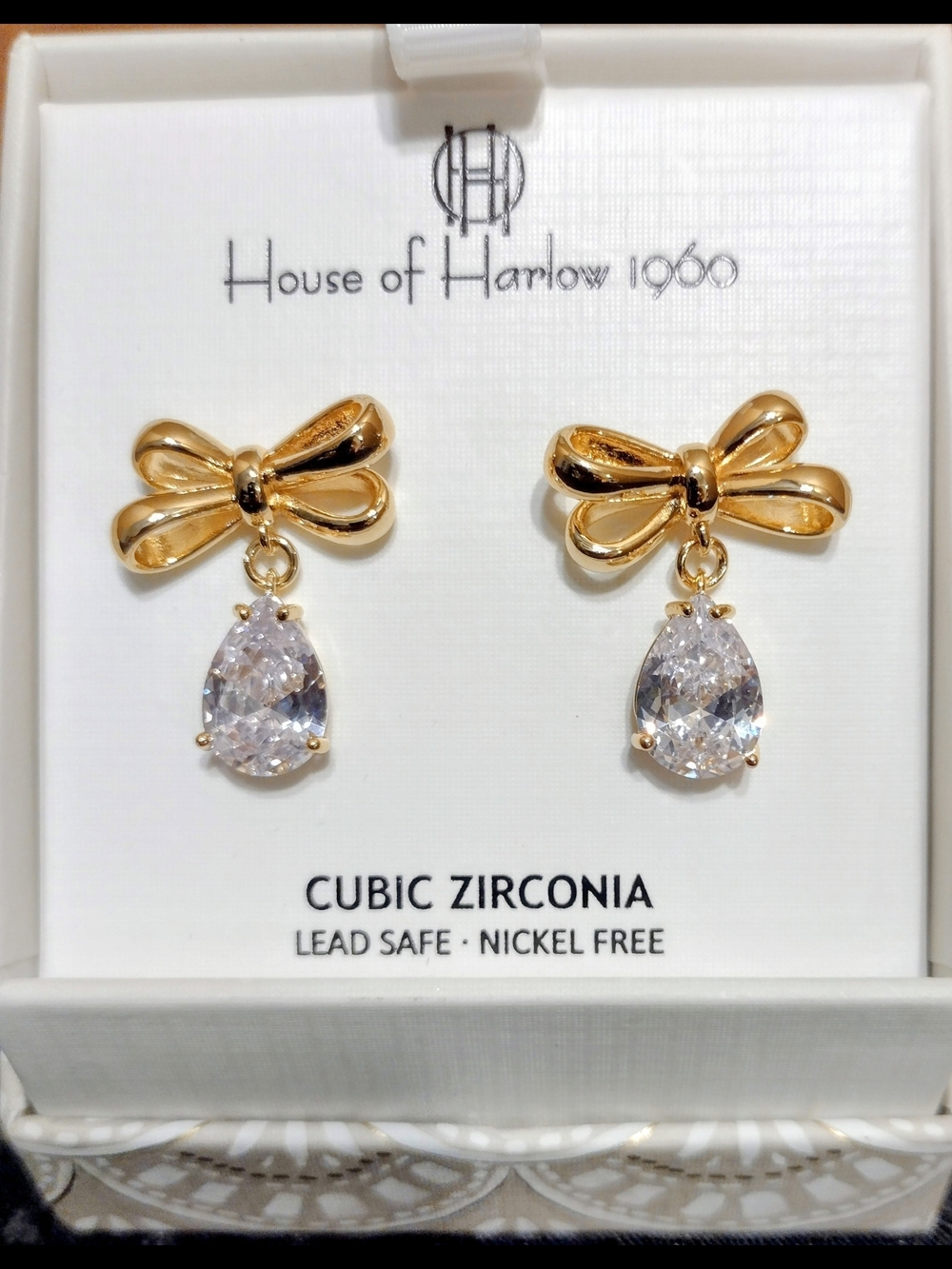 House of Harlow 1960 Gold Bow Earrings with Clear Teardrop Cubic Zirconia